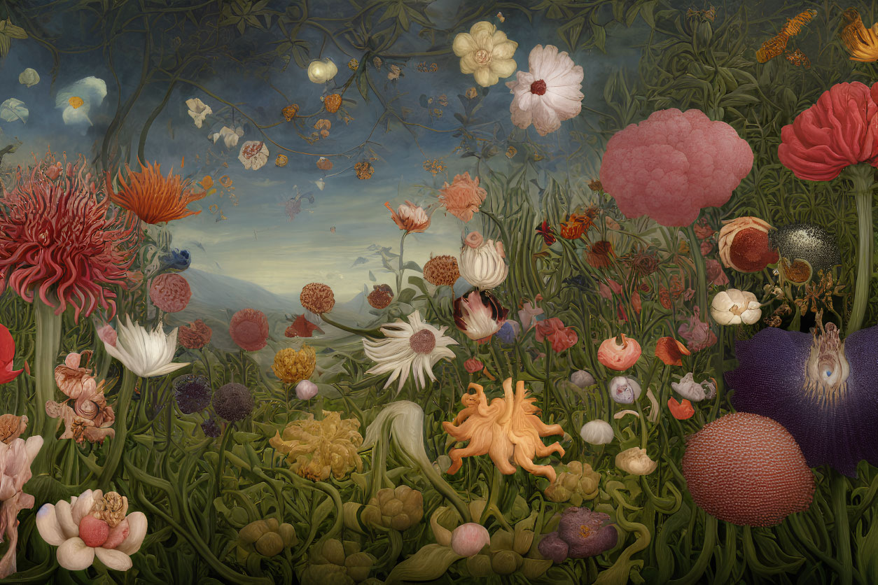 Detailed Painting of Lush Garden with Flowers and Insects Under Twilight Sky