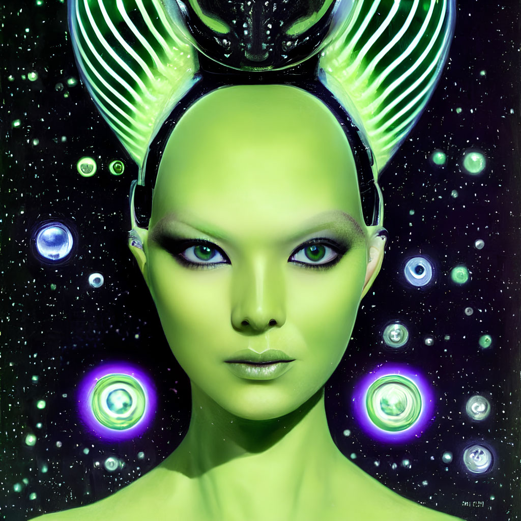 Green-skinned humanoid with futuristic headgear in cosmic setting