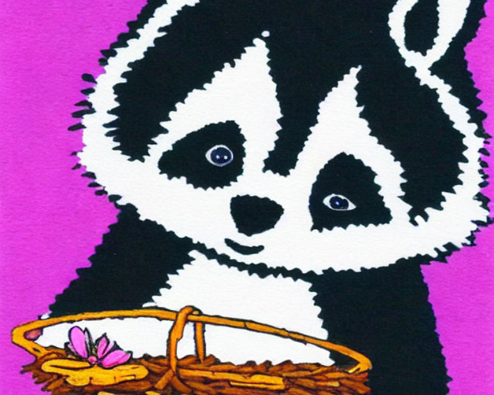 Monochrome raccoon with wicker basket on pink background