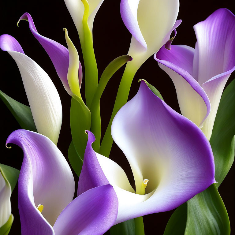 Vibrant close-up of white and purple calla lilies on dark background