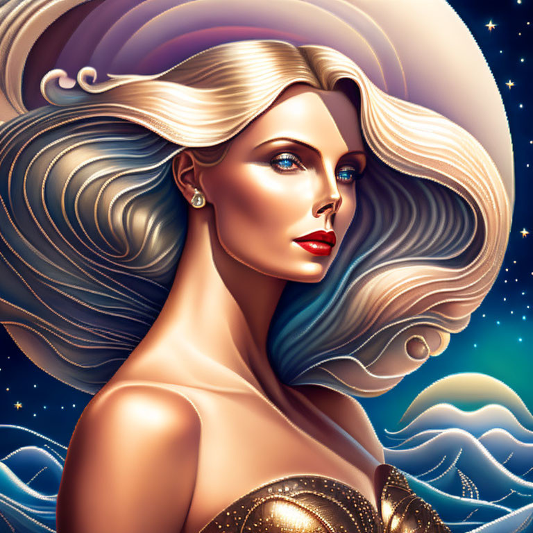 Woman with Flowing Hair in Cosmic Background with Stars and Celestial Motifs