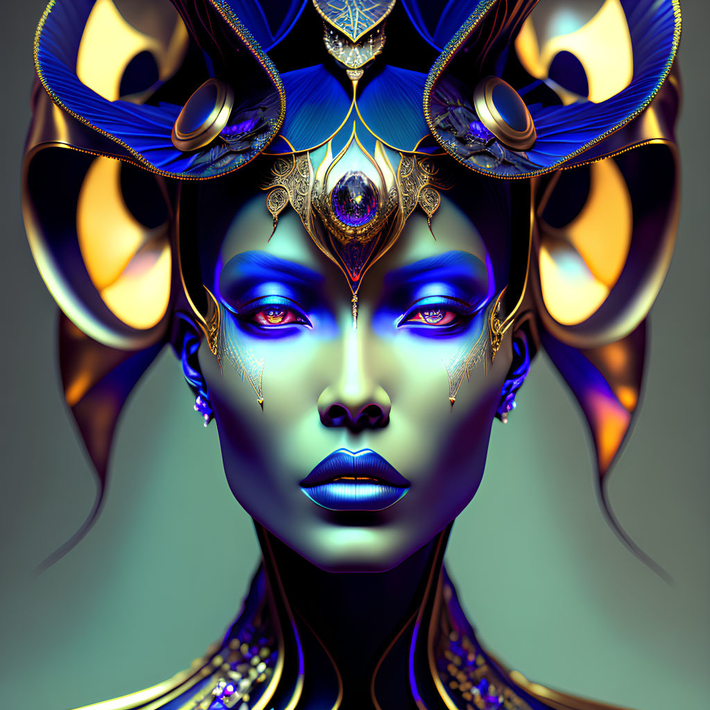 Blue-skinned being with golden headdresses and jewelry in digital art portrait