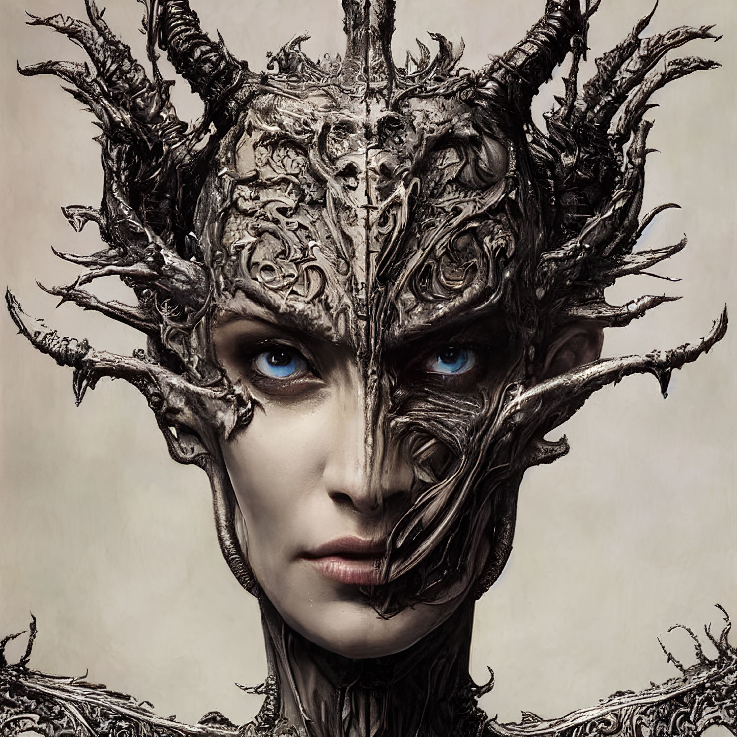 Person wearing ornate metallic headpiece with blue eyes and fantastical features