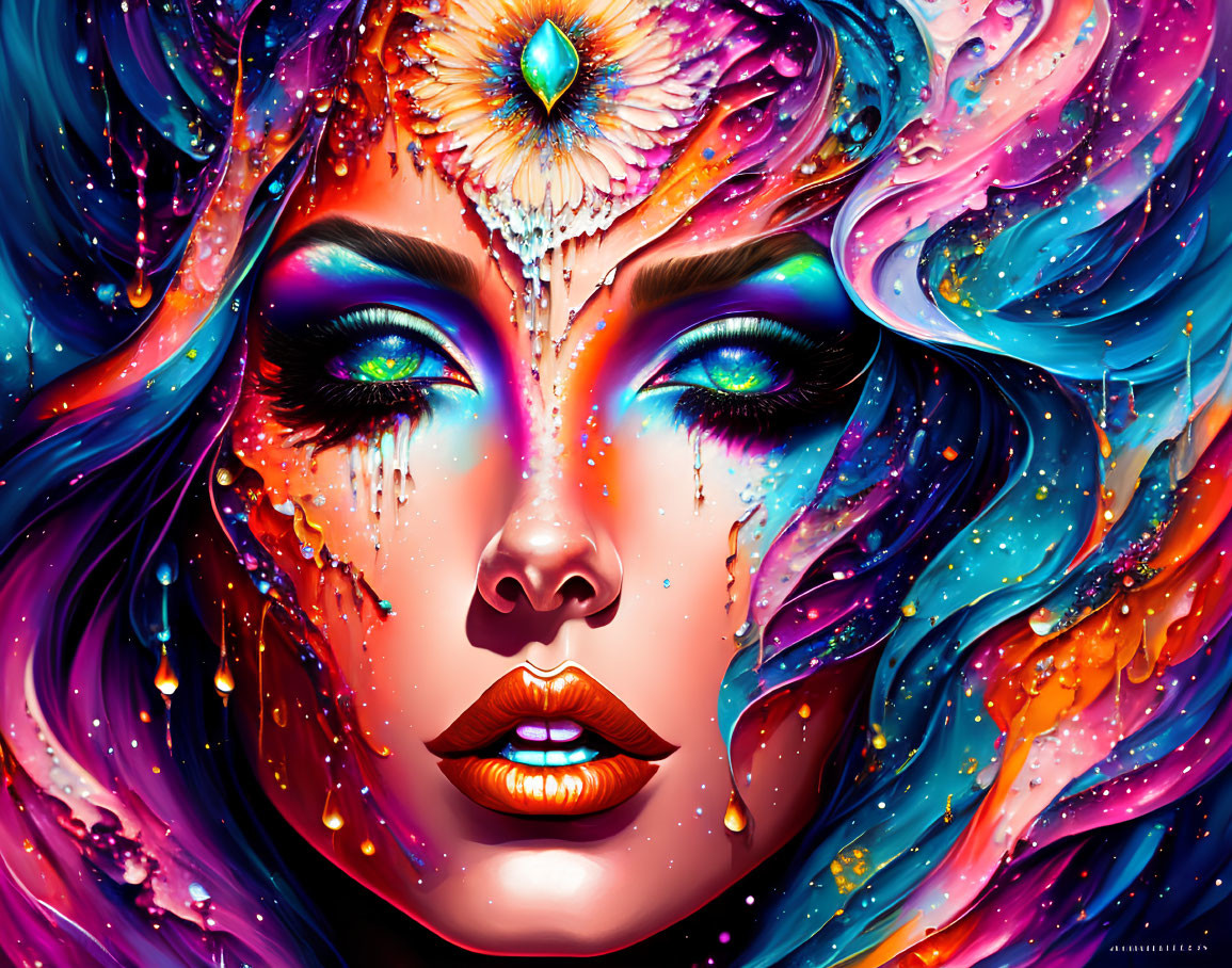 Colorful cosmic makeup woman with paint effects and forehead jewel in starry background