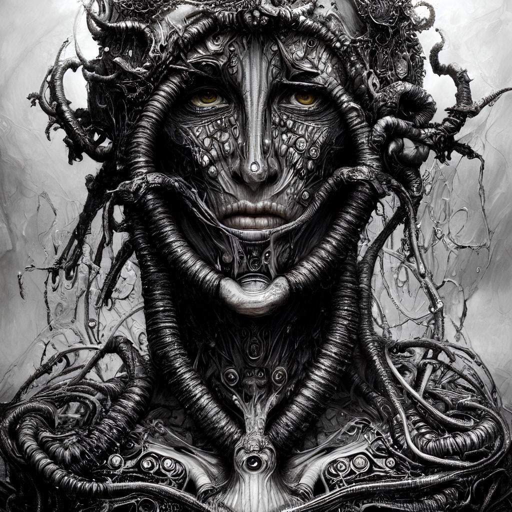 Detailed monochrome artwork of humanoid face with intricate mechanical and organic elements intertwined