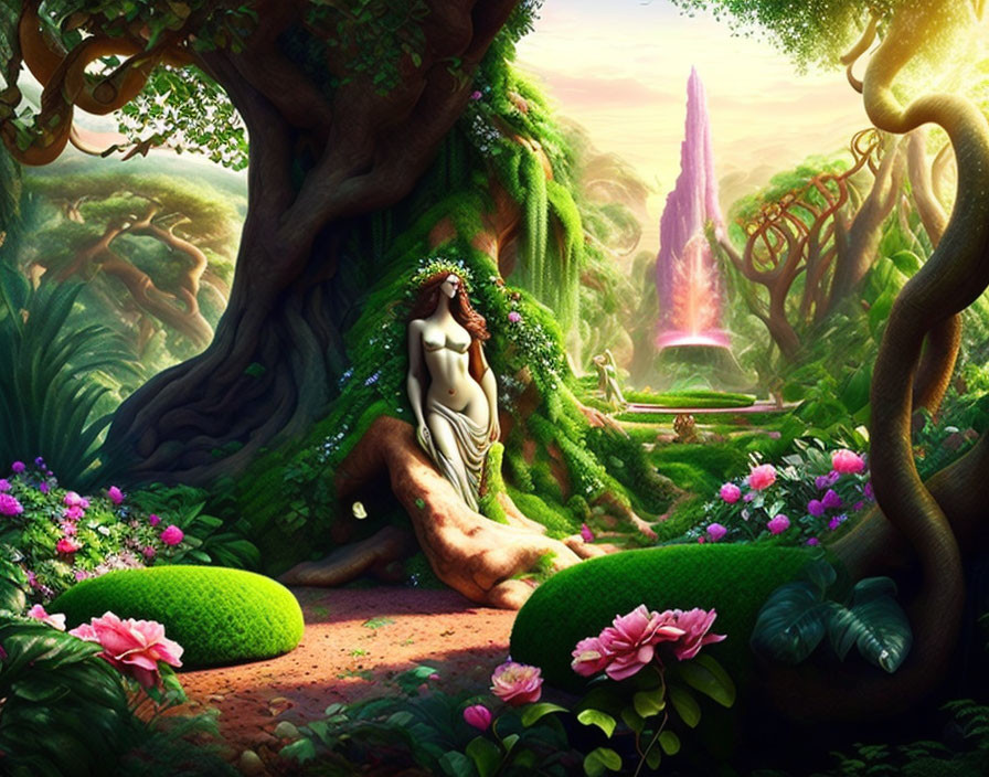 Mystical forest scene with vibrant flora and waterfall featuring ethereal woman.