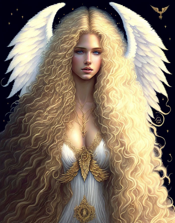 Ethereal being with blond hair, blue eyes, wings, and golden jewelry on starry backdrop