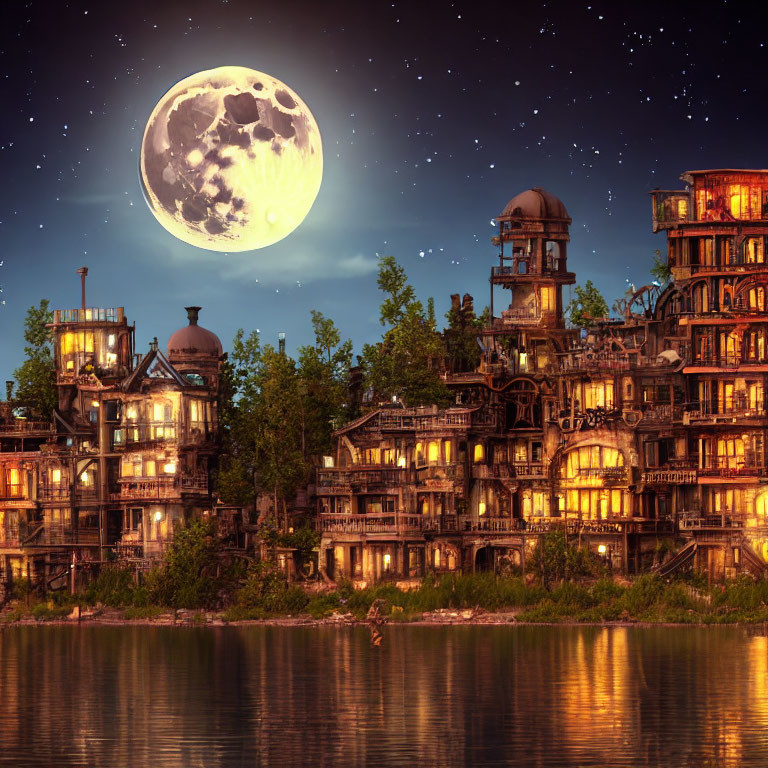 Victorian-style stacked houses under oversized moon in serene night scene