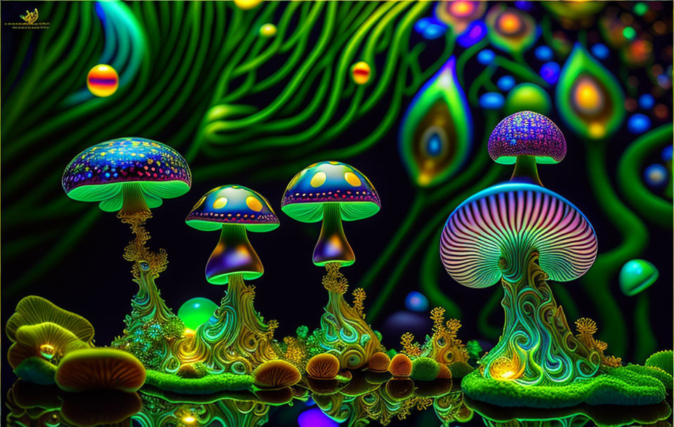 Colorful digital artwork of bioluminescent mushrooms on neon-green fractal backdrop