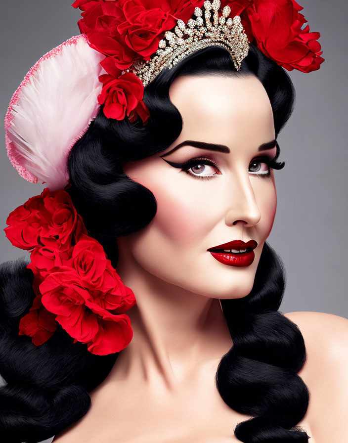 Portrait of a Woman with Porcelain Skin, Red Lipstick, Dark Hair, Tiara, Flowers