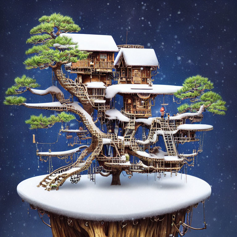 Traditional-style wooden treehouse in snowy pine forest