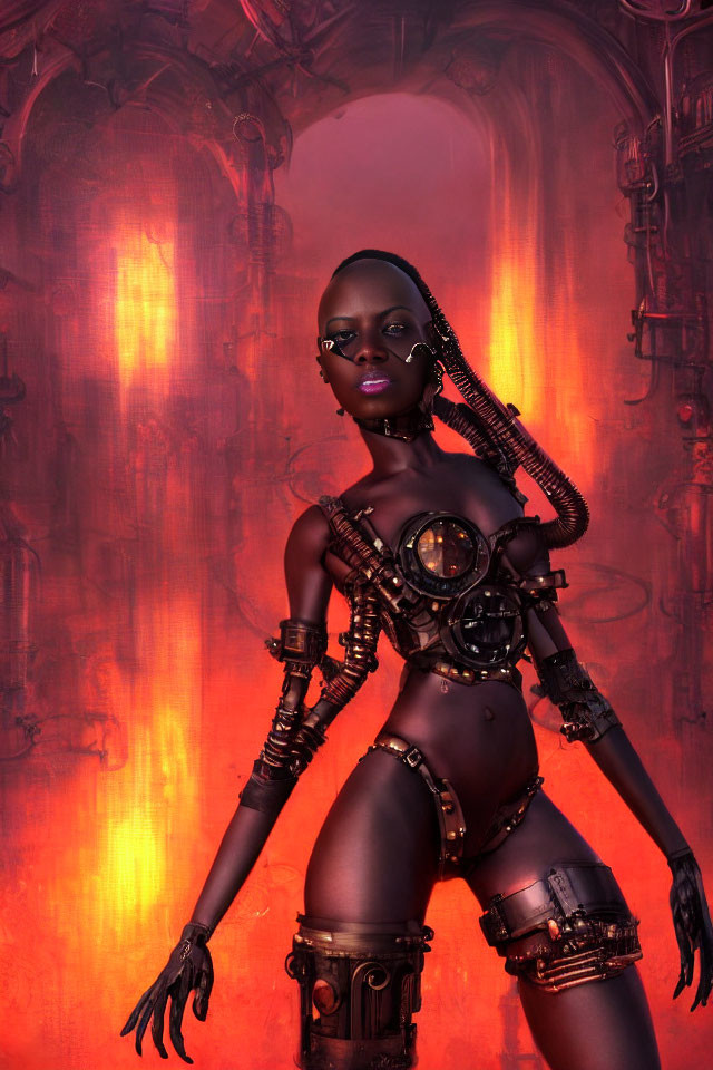 Futuristic cyborg woman with mechanical limbs against red industrial backdrop