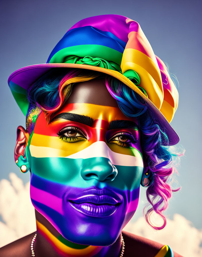 Colorful portrait of a person with rainbow skin and multicolored attire on blue sky background