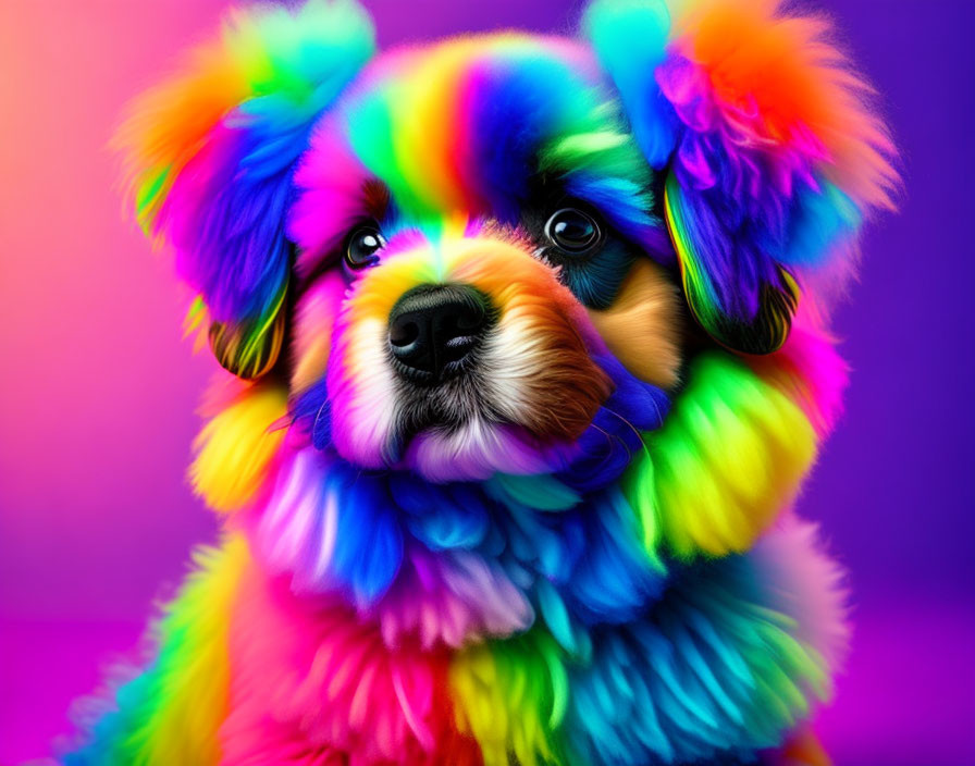 Colorful Neon Rainbow Fur Dog on Gradient Background