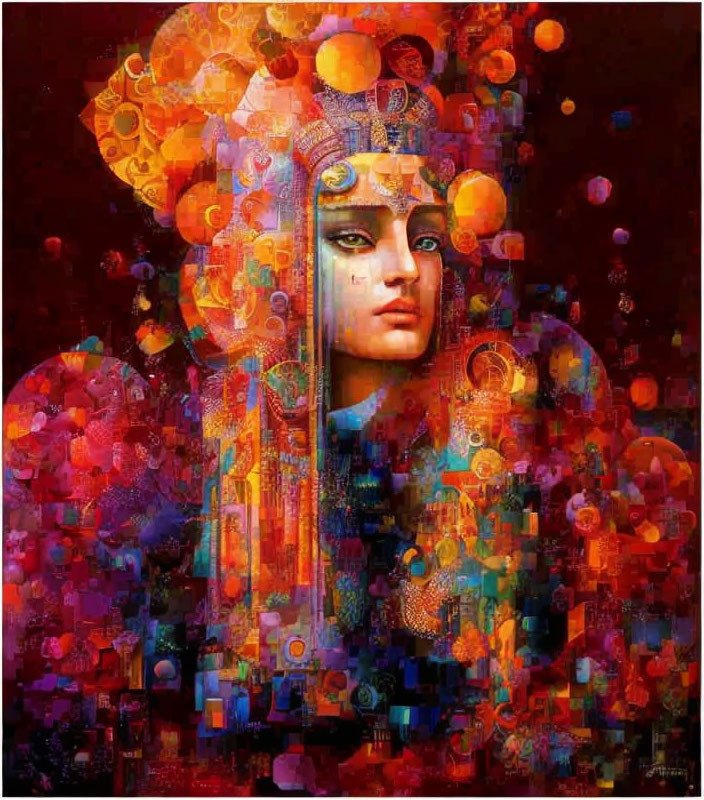 Colorful portrait of regal figure with intricate patterns and abstract backdrop