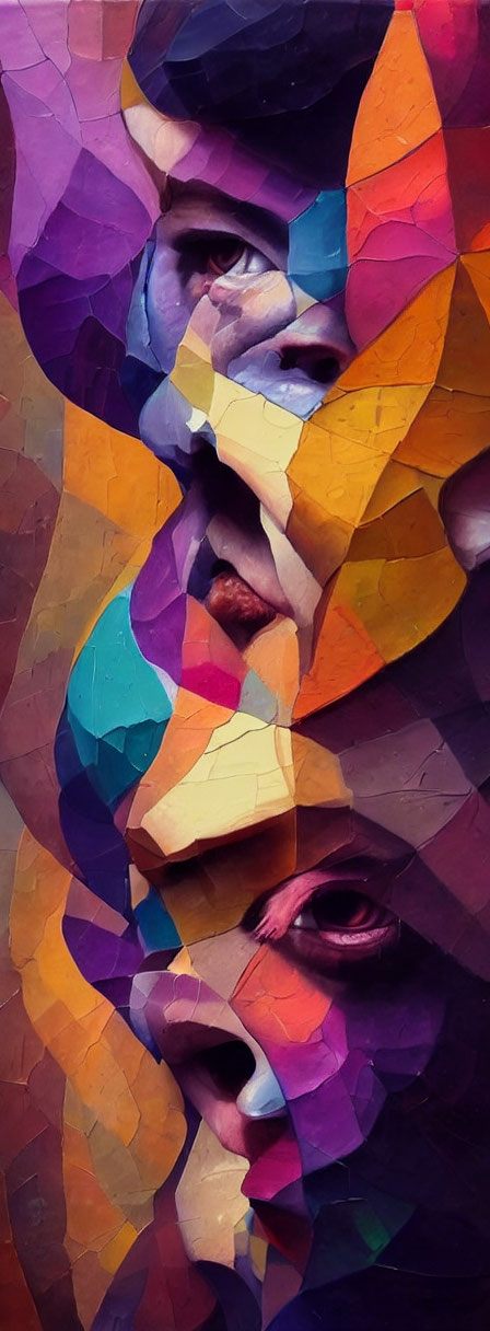Vibrant abstract portrait with fragmented faces in purple, blue, orange, and yellow.
