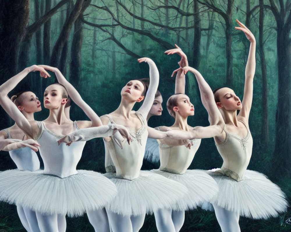 Five ballet dancers in white tutus pose gracefully in forest setting