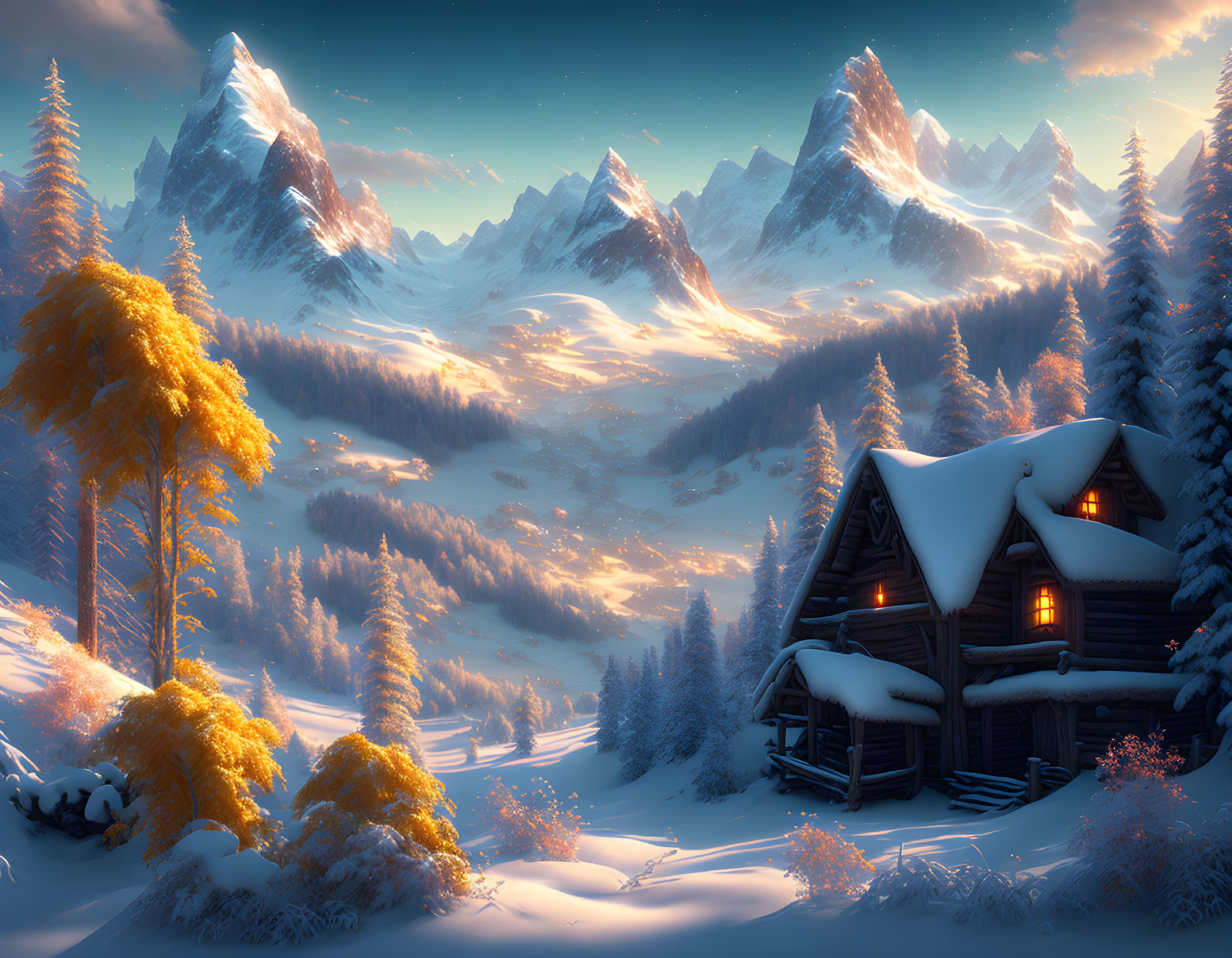 Snow-covered winter landscape with cozy cabin and illuminated windows