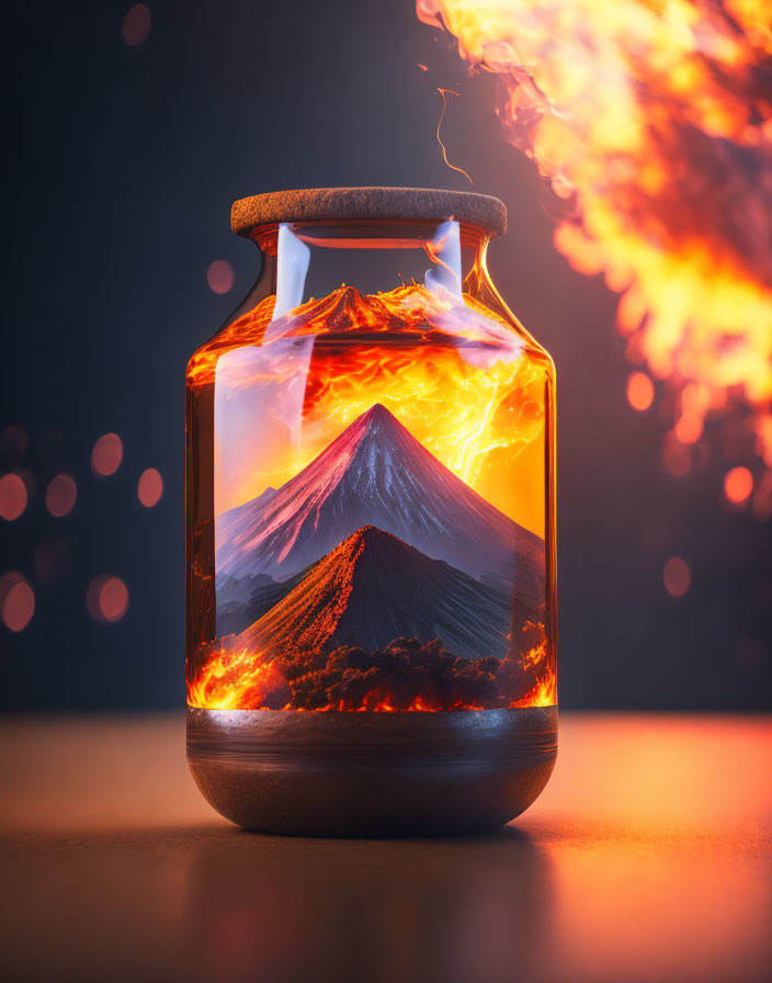 Glass jar with cork top containing vibrant erupting volcano and flames against bokeh background