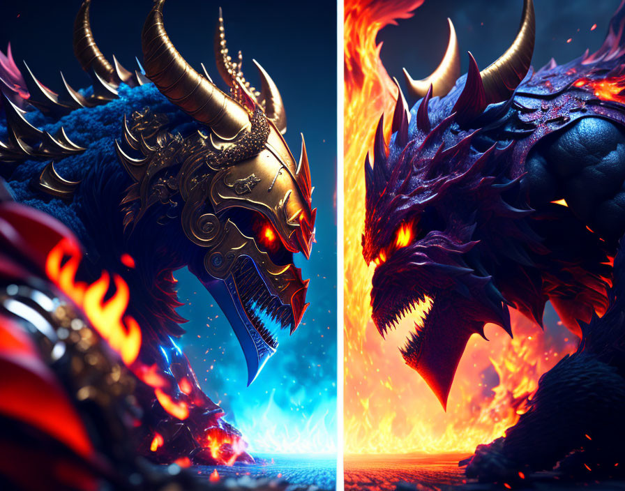 Split-image of blue warrior and red dragon in intense fantasy scene