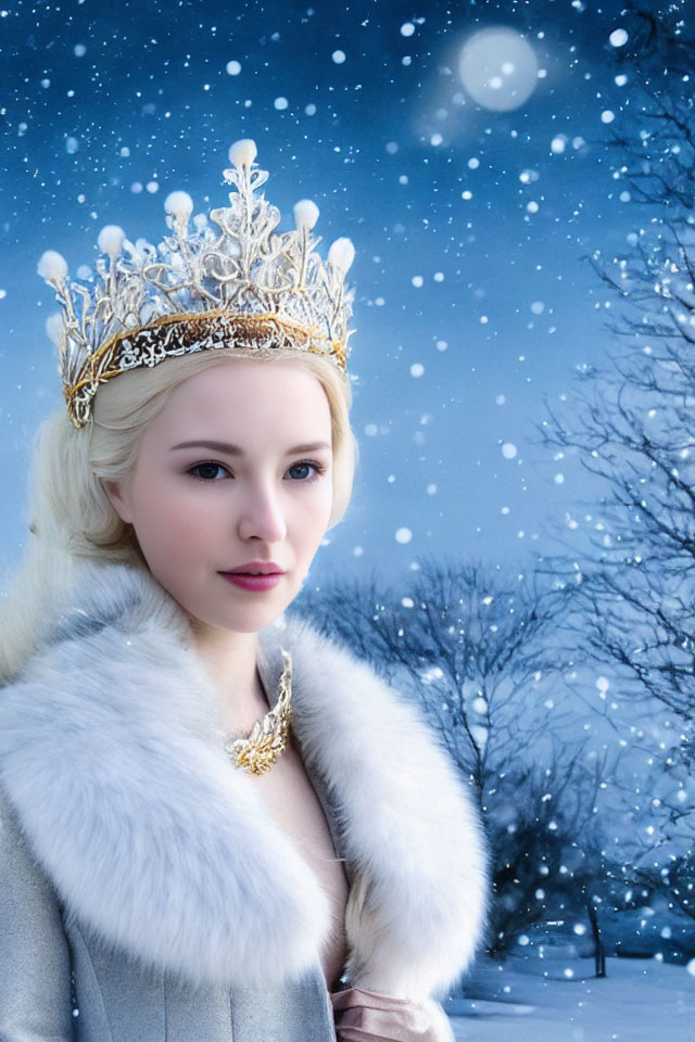 Woman in regal crown and fur cloak against snowy backdrop: Winter queen aesthetic