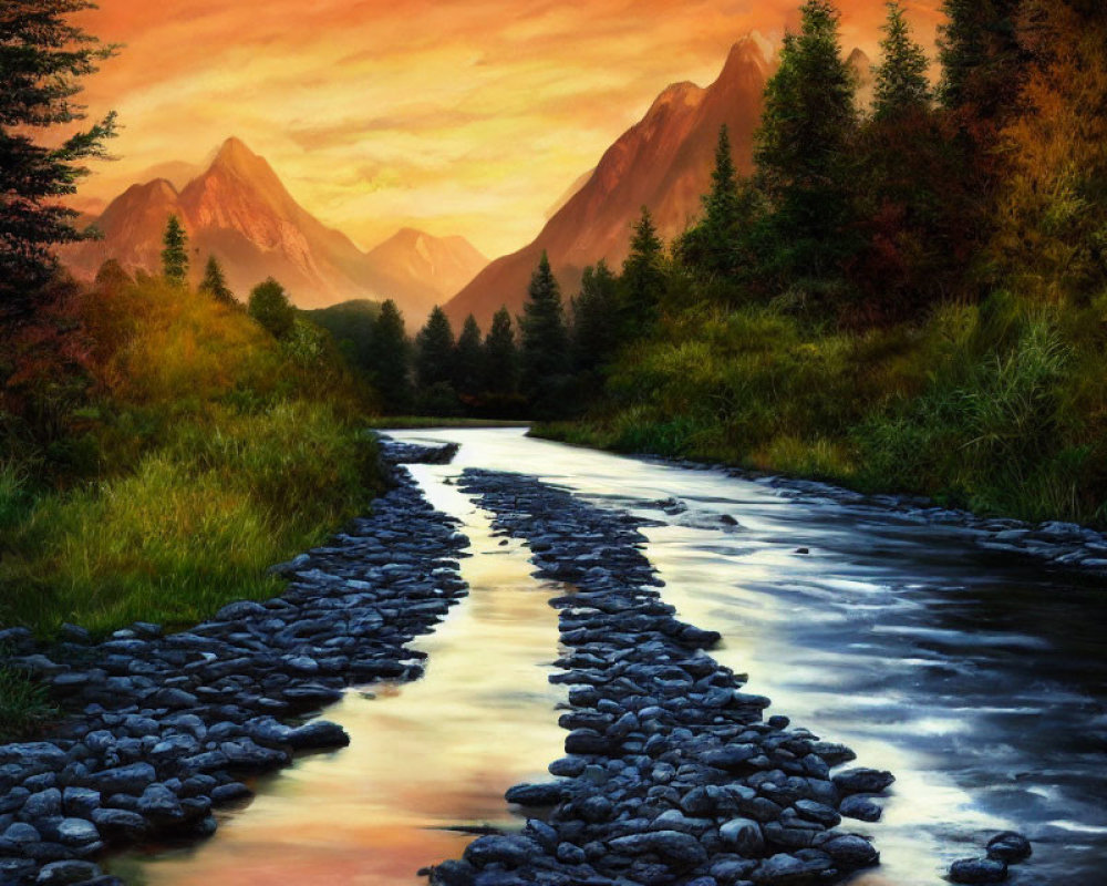 Tranquil river in lush valley under vibrant sunset sky