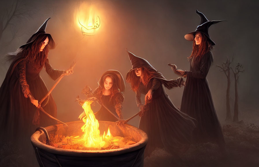 Four witches in hats around cauldron with fire in misty forest, one with candelabra