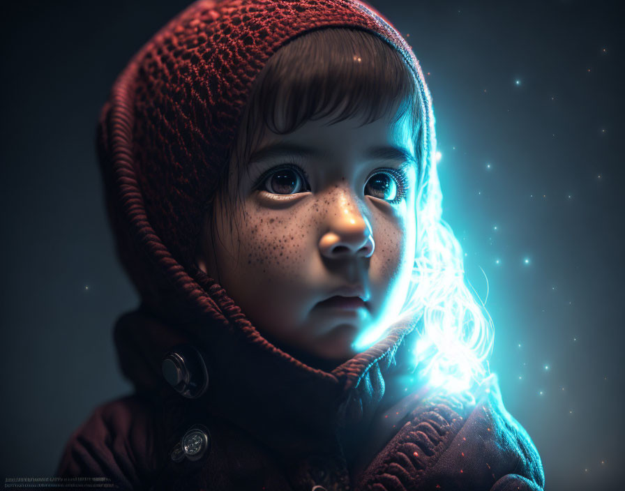 Child in Red Hooded Coat Bathed in Soft Blue Light