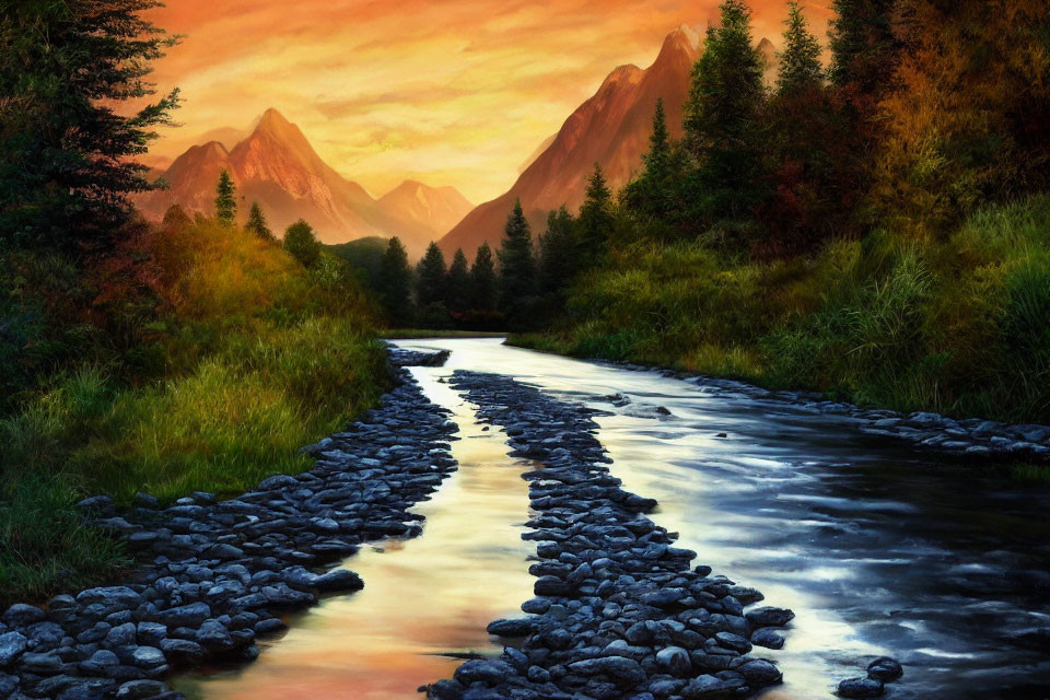 Tranquil river in lush valley under vibrant sunset sky