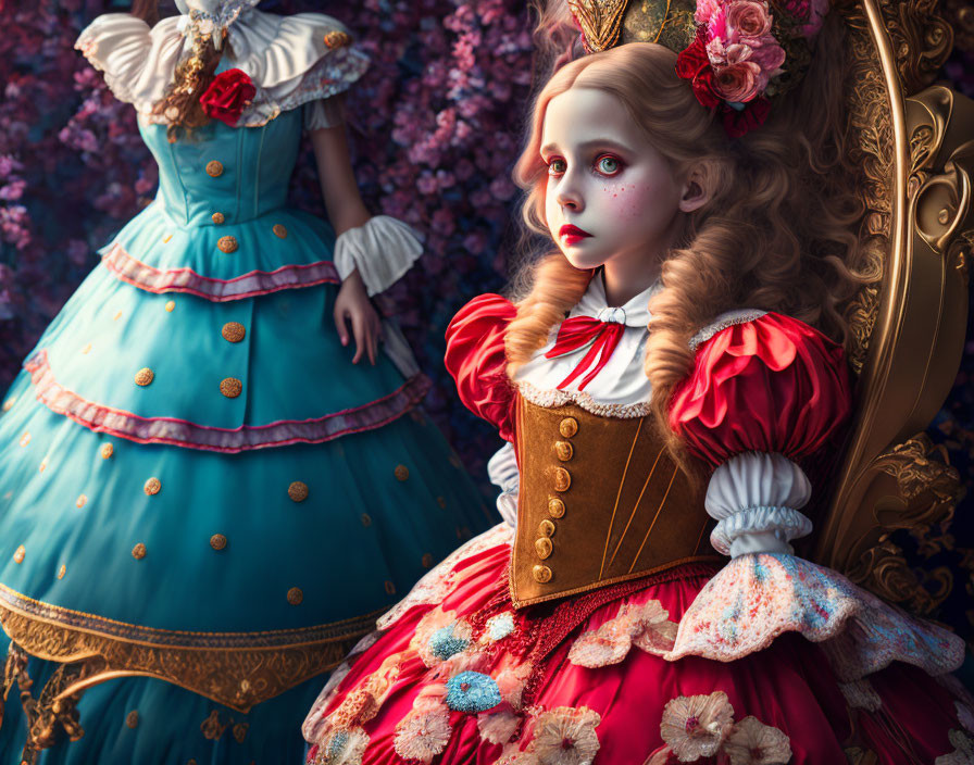 Victorian dolls in colorful dresses with floral backdrop and golden throne.