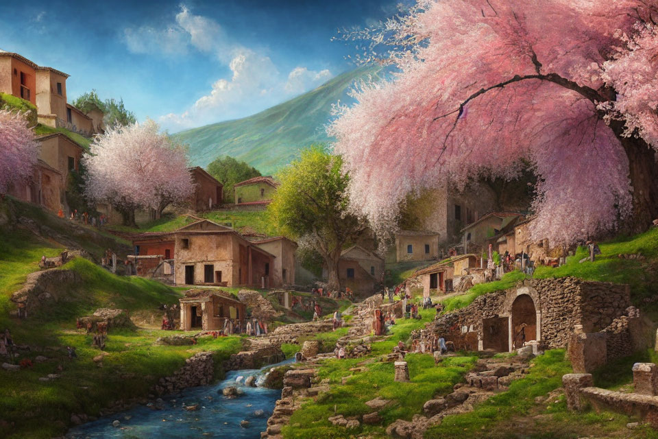 Scenic village with stone houses, cherry blossoms, and green hills