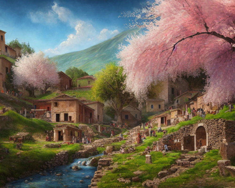 Scenic village with stone houses, cherry blossoms, and green hills