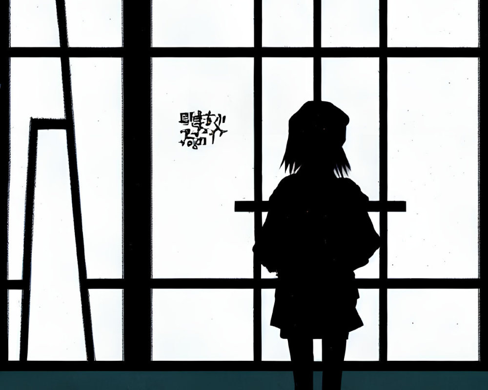 Person silhouette by large window with white panes and Japanese text