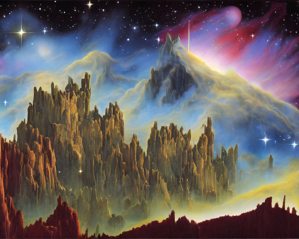 Cosmic Landscape with Towering Rock Formations and Starry Sky