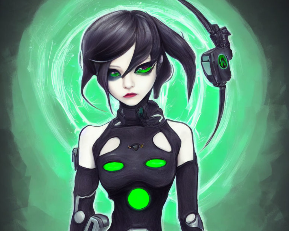 Stylized illustration of female android with black hair and green eyes