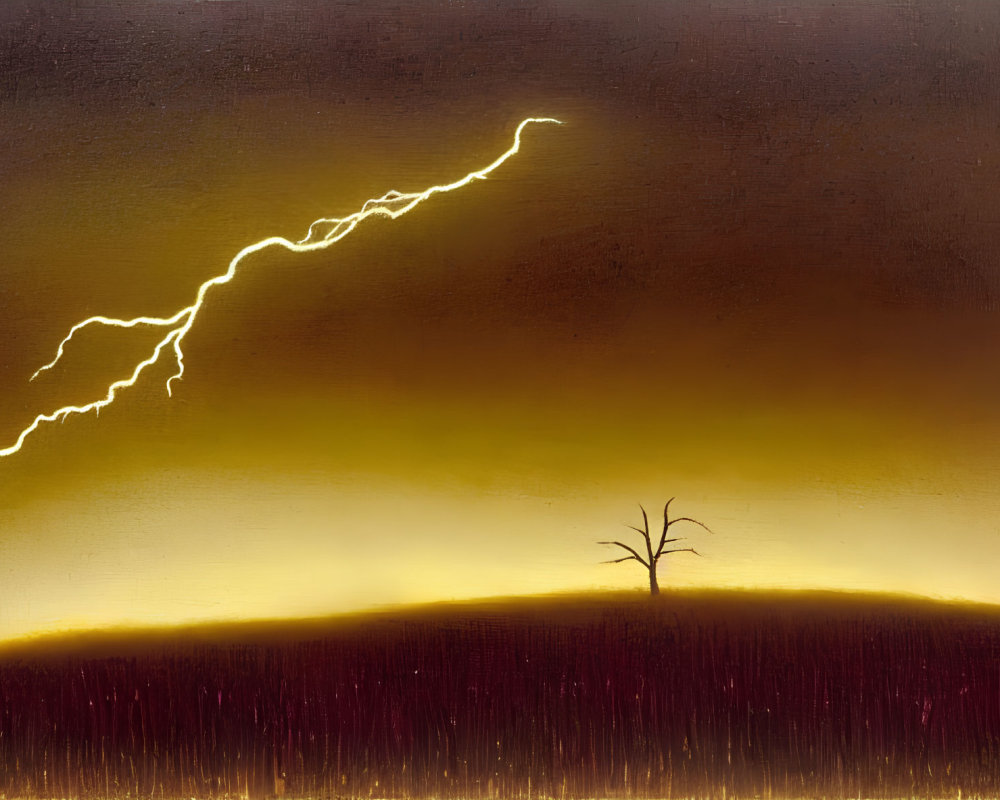 Bright lightning bolt in stormy sky near lone tree on hill