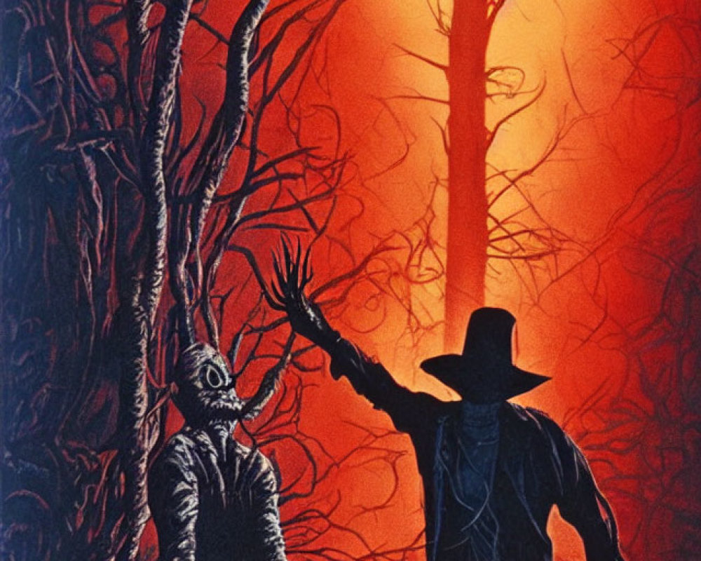 Silhouette of man with hat confronting monstrous creature in red and orange forest.