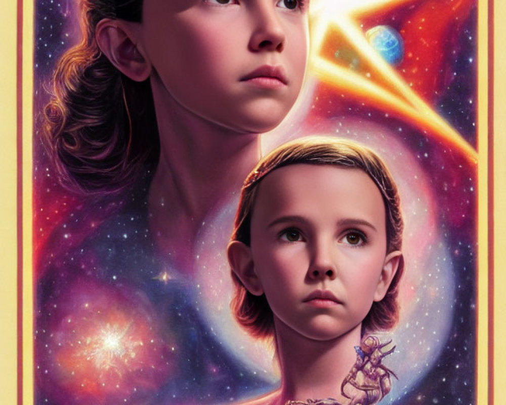 Stylized portrait of young girl with cosmic background