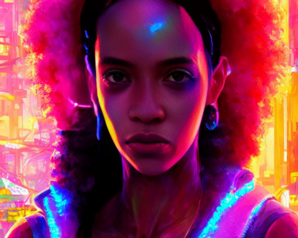 Prominent afro woman in neon-lit cyberpunk cityscape