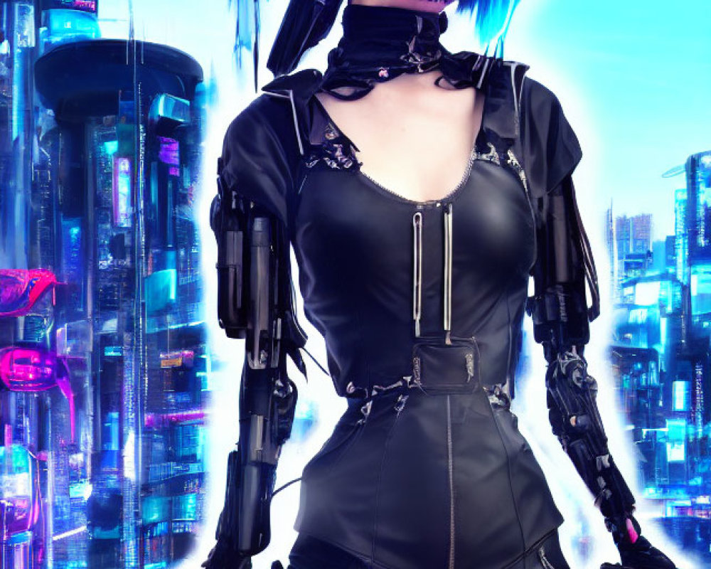 Futuristic female character in visor helmet with weapon in cyberpunk cityscape