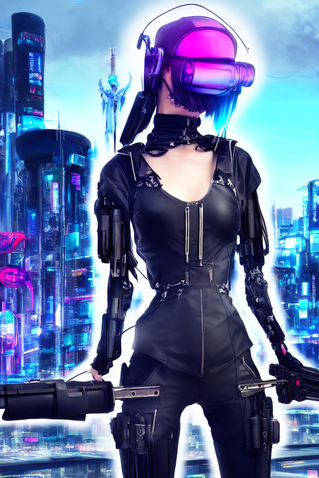 Futuristic female character in visor helmet with weapon in cyberpunk cityscape
