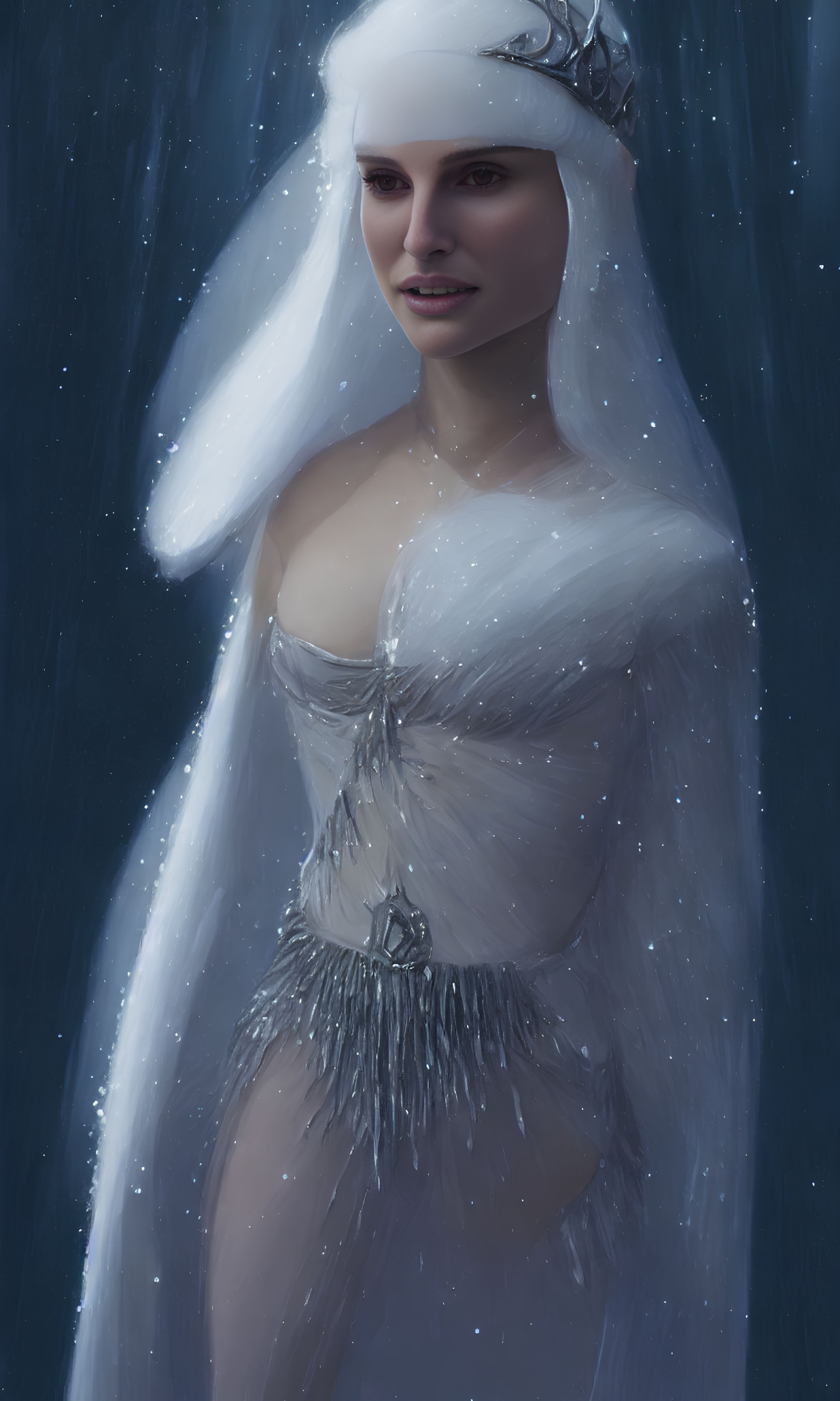 Illustration of woman with crown in white outfit in snowfall