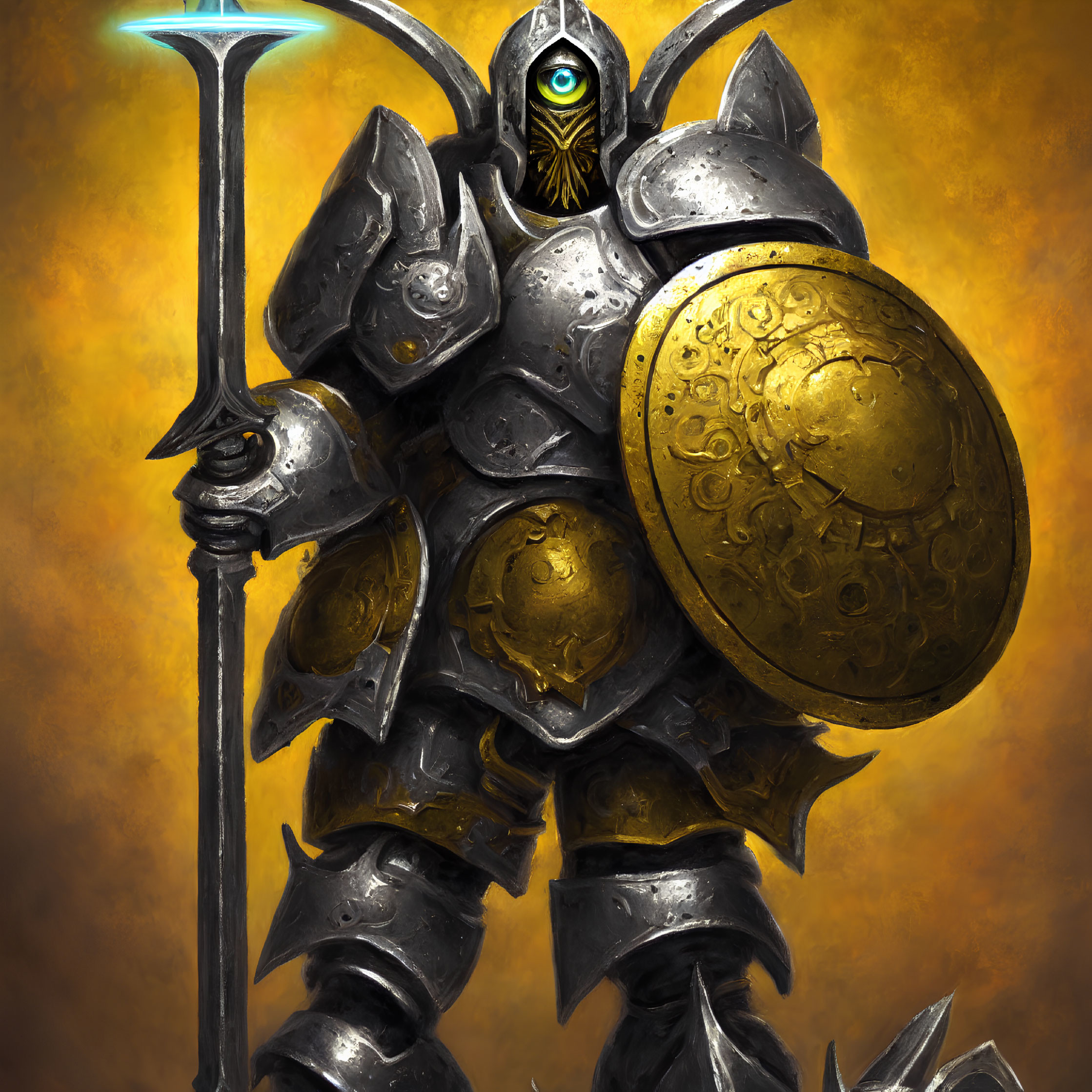 Armored knight with glowing blue eye, halberd, shield on golden backdrop