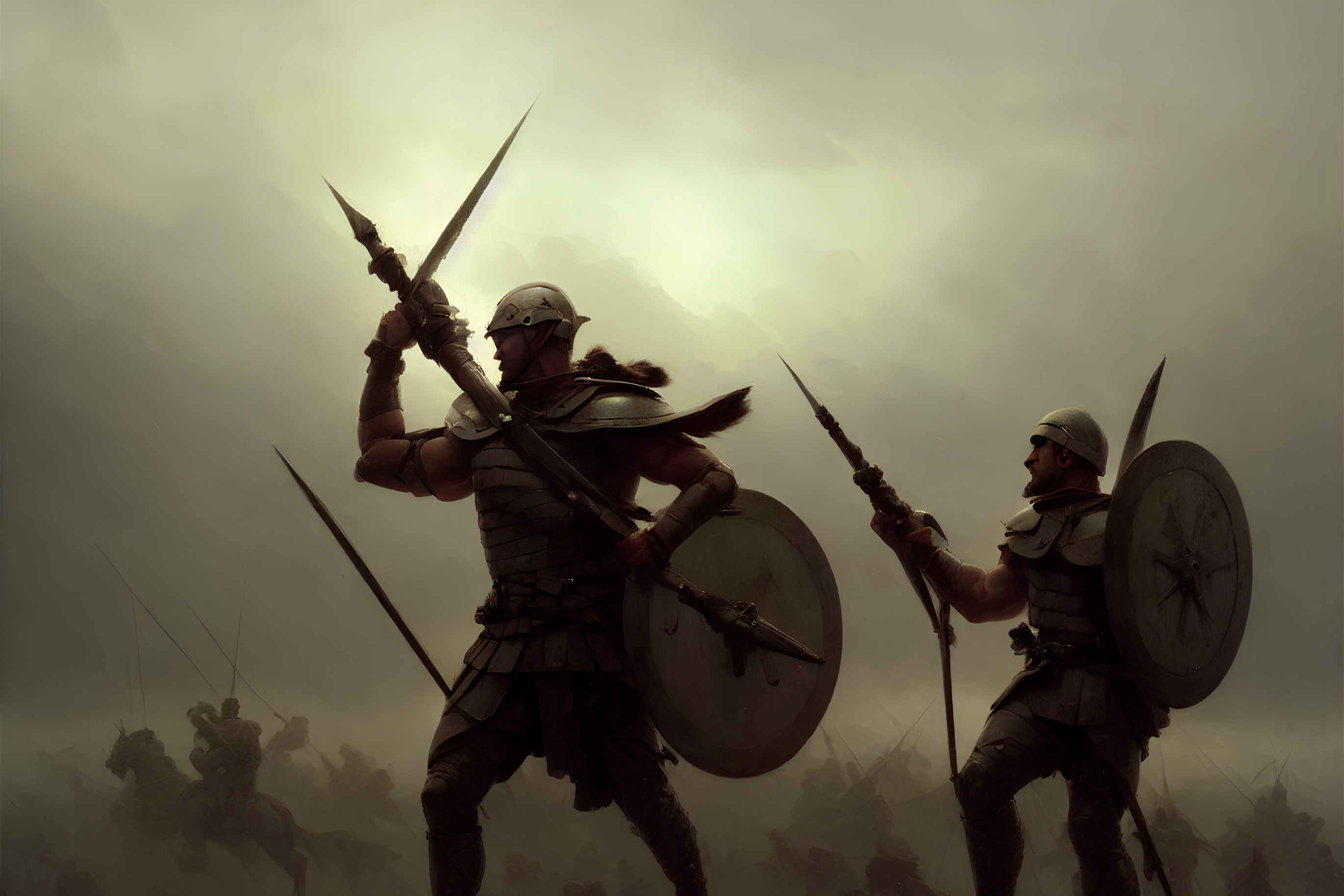 Ancient warriors in helmets and armor with spears and shields under cloudy sky
