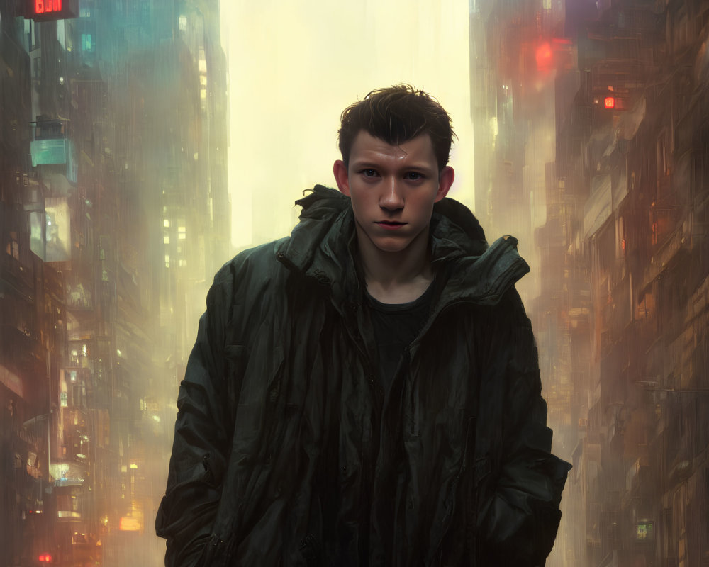 Young man in green hooded jacket in futuristic city alley with neon lights and tall buildings.