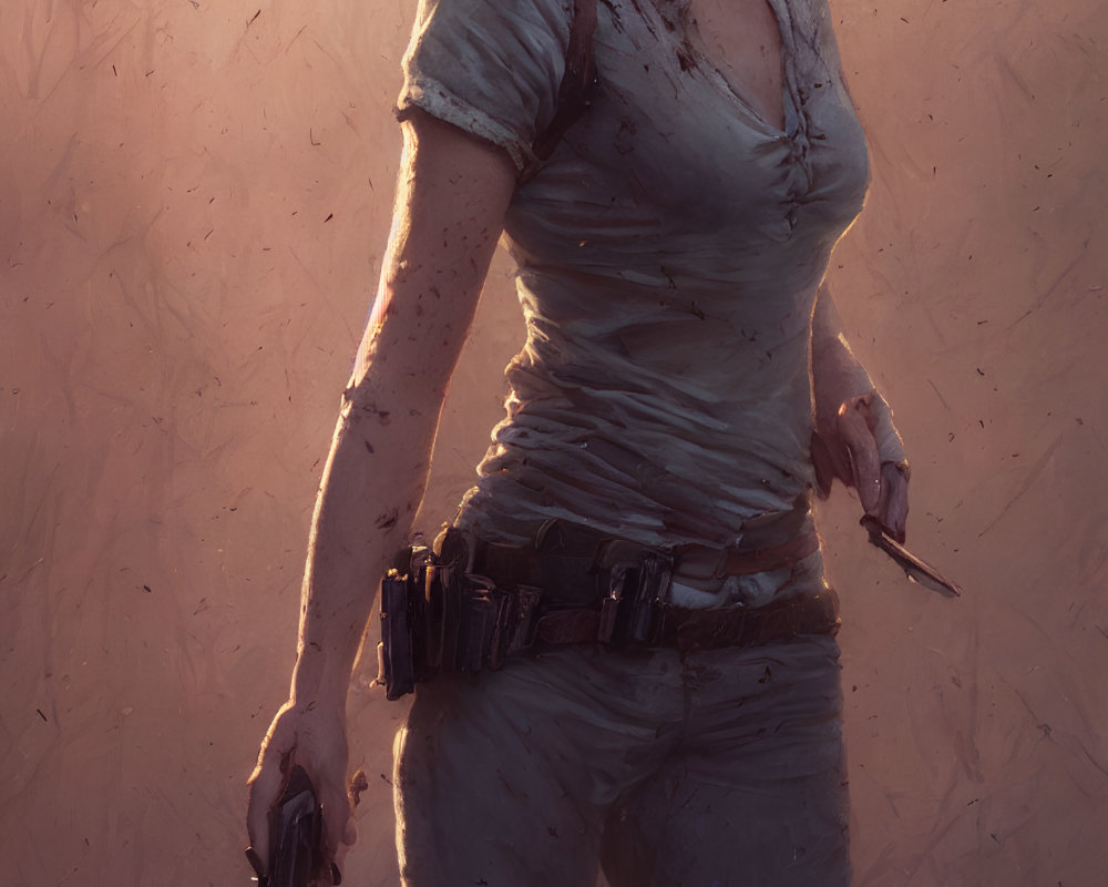 Woman with gun in dusty, sunlit setting, showing determination and action.