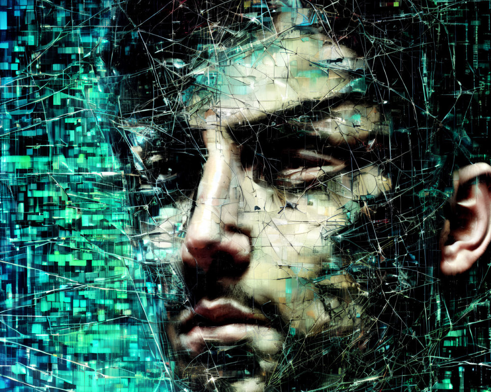 Man's face merging with binary code and geometric lines in digital art.