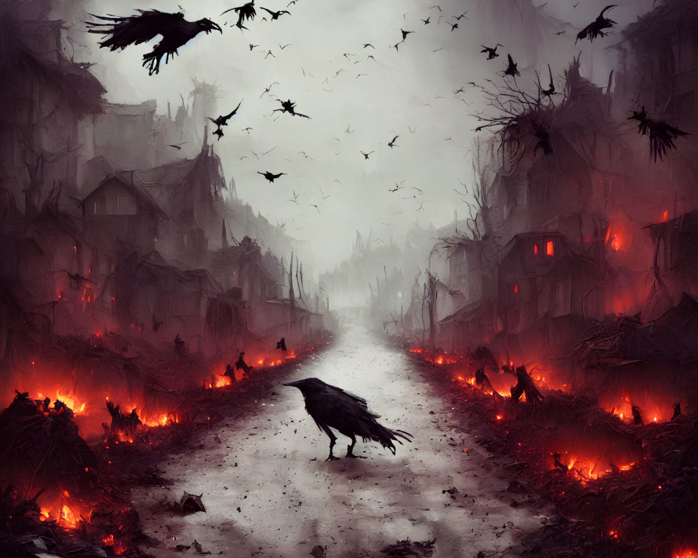 Desolate burning landscape with ravens and ruined buildings