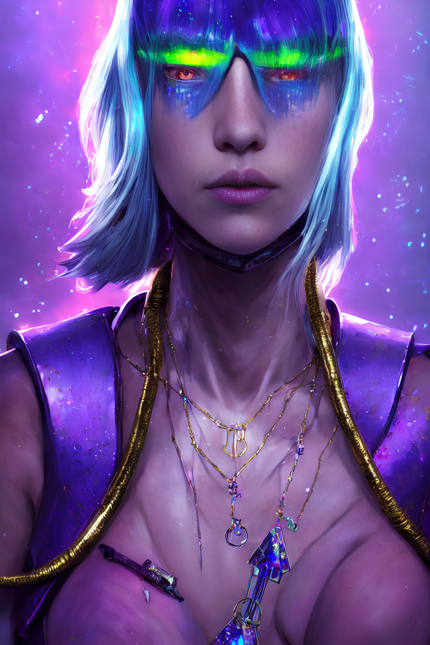Digital portrait: Woman with blue hair and glowing visor glasses in cosmic setting.