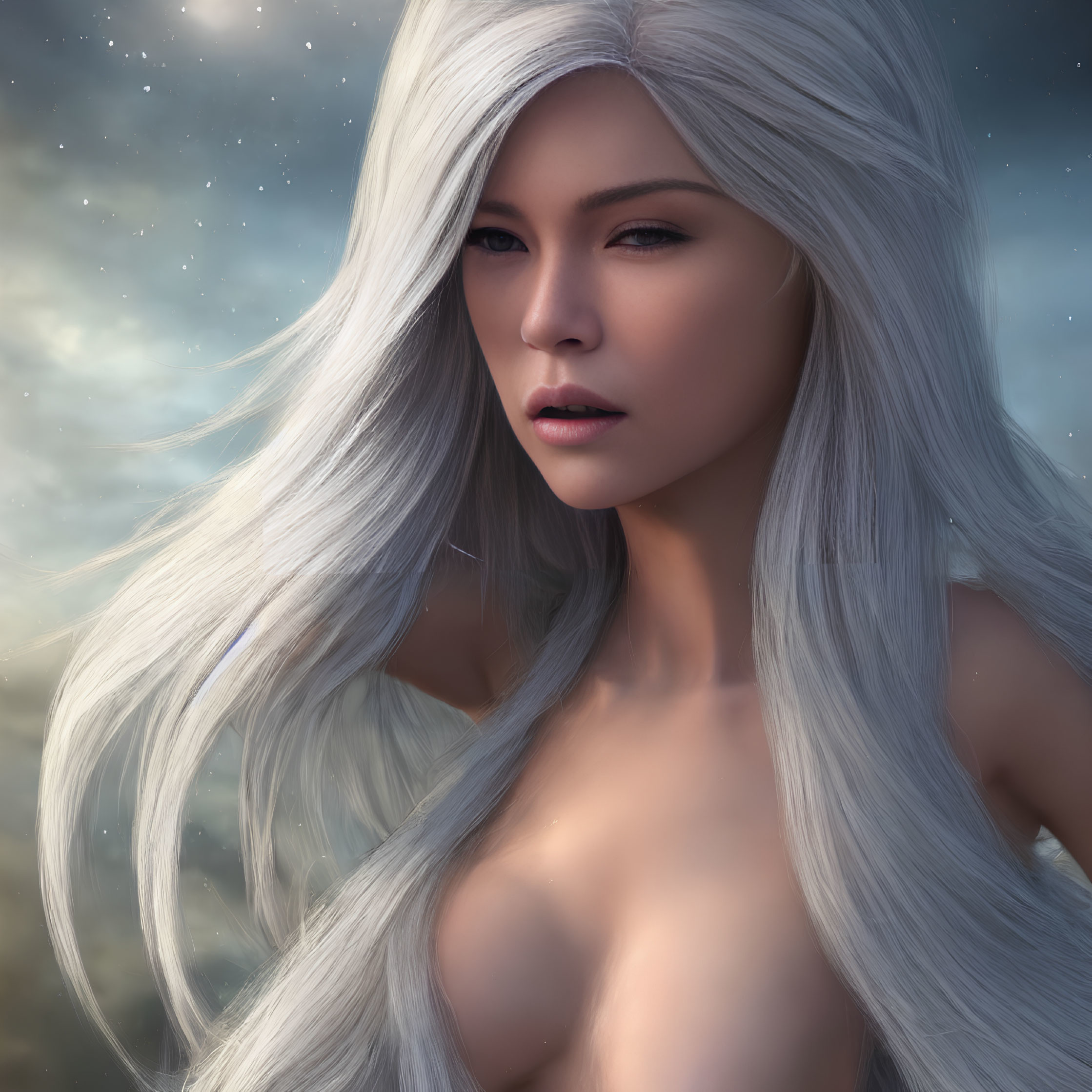 Digital portrait of woman with long white hair and fair skin against starry sky
